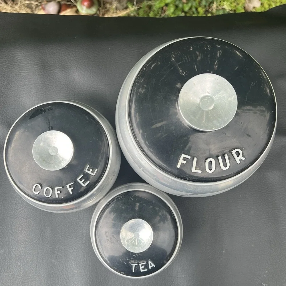 Vtg Kromex 3 Canister Spun Aluminum Flour Coffee Tea - Retro Kitchen Set w/lids